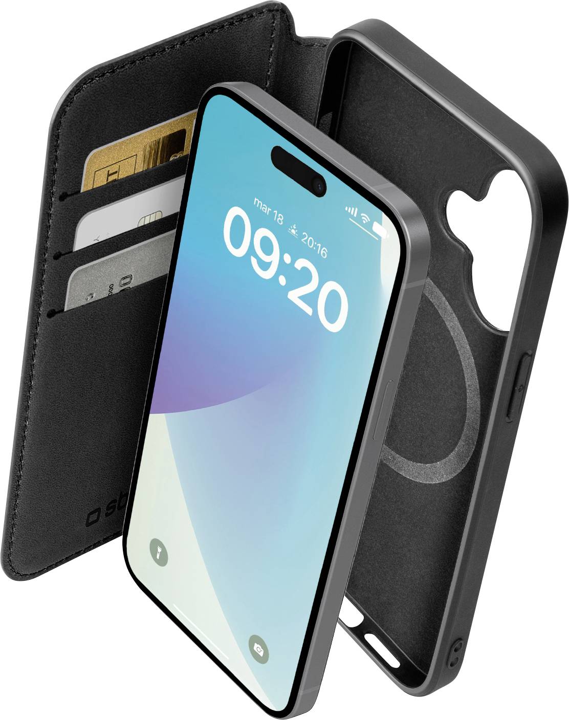 A smartphone case with a foldable cover showing a blue-themed phone screen displaying '09:20'. Three card slots with cards are visible.