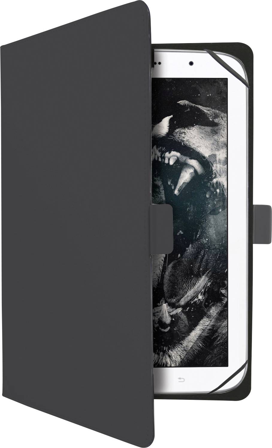 A smartphone partially covered by a black case displays an image of a roaring animal on its screen.