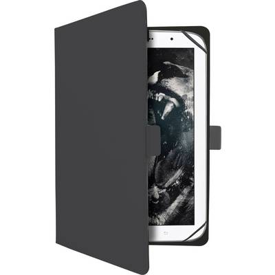 A smartphone partially covered by a black case displays an image of a roaring animal on its screen.