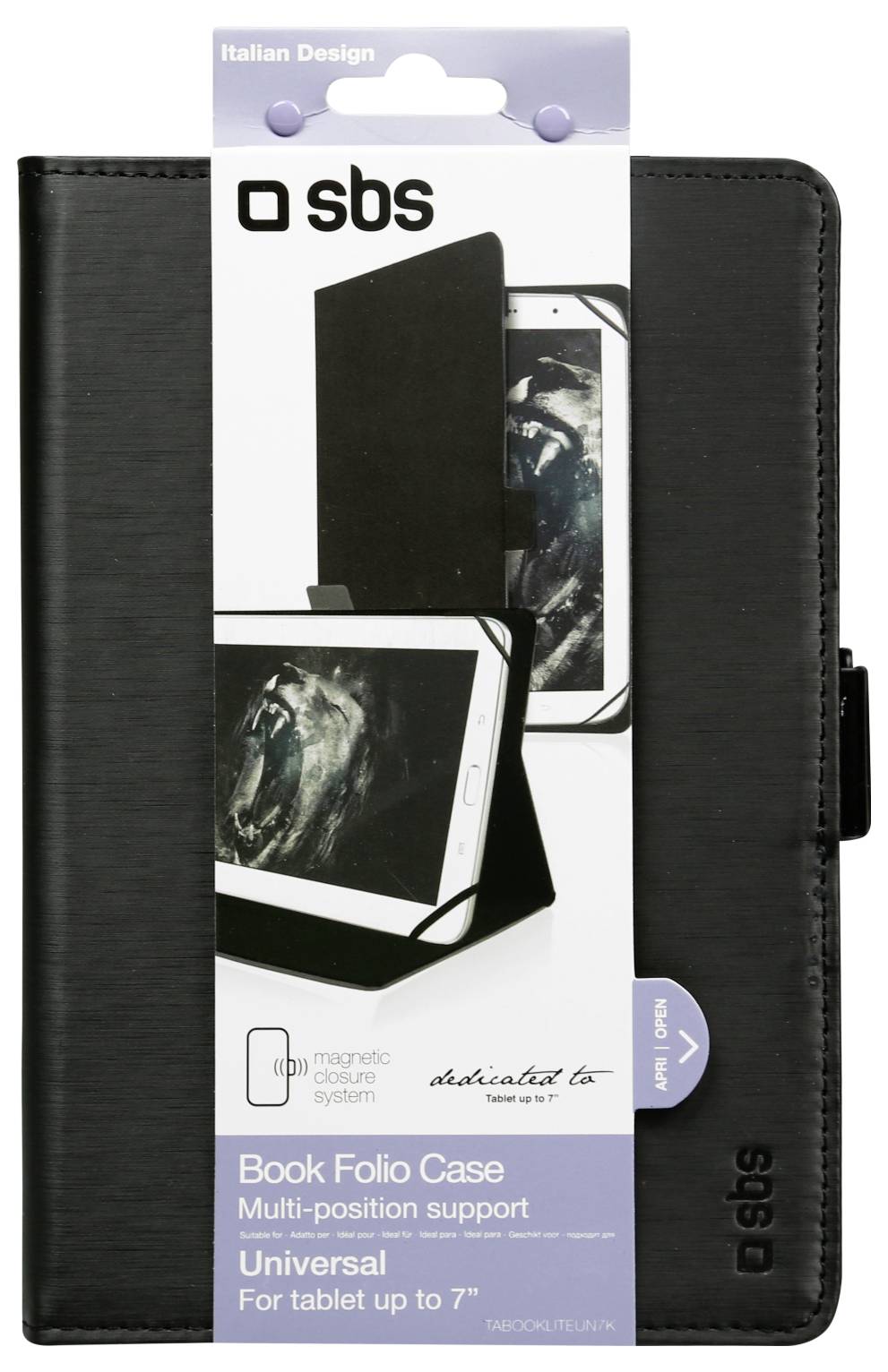 'Book Folio Case' packaging, showcasing a tablet case for devices up to 7 inches. The design has a magnetic closure and multi-position support.