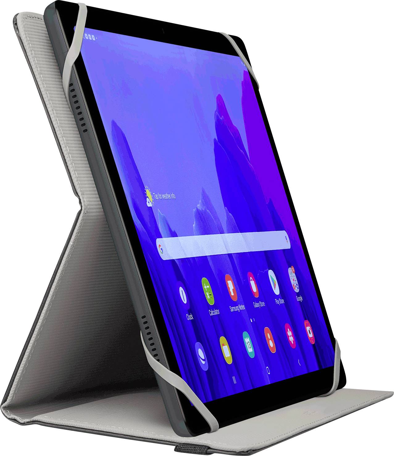 A tablet is standing upright in a protective case. The screen displays app icons and a search bar, against a blue and purple abstract background.