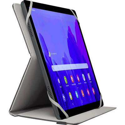 A tablet is standing upright in a protective case. The screen displays app icons and a search bar, against a blue and purple abstract background.