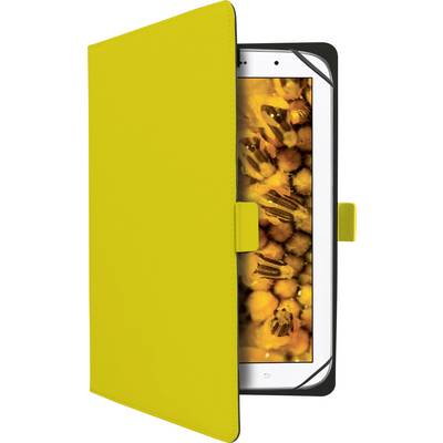 A smartphone partially covered by a yellow protective case shows an image of bees on its screen.