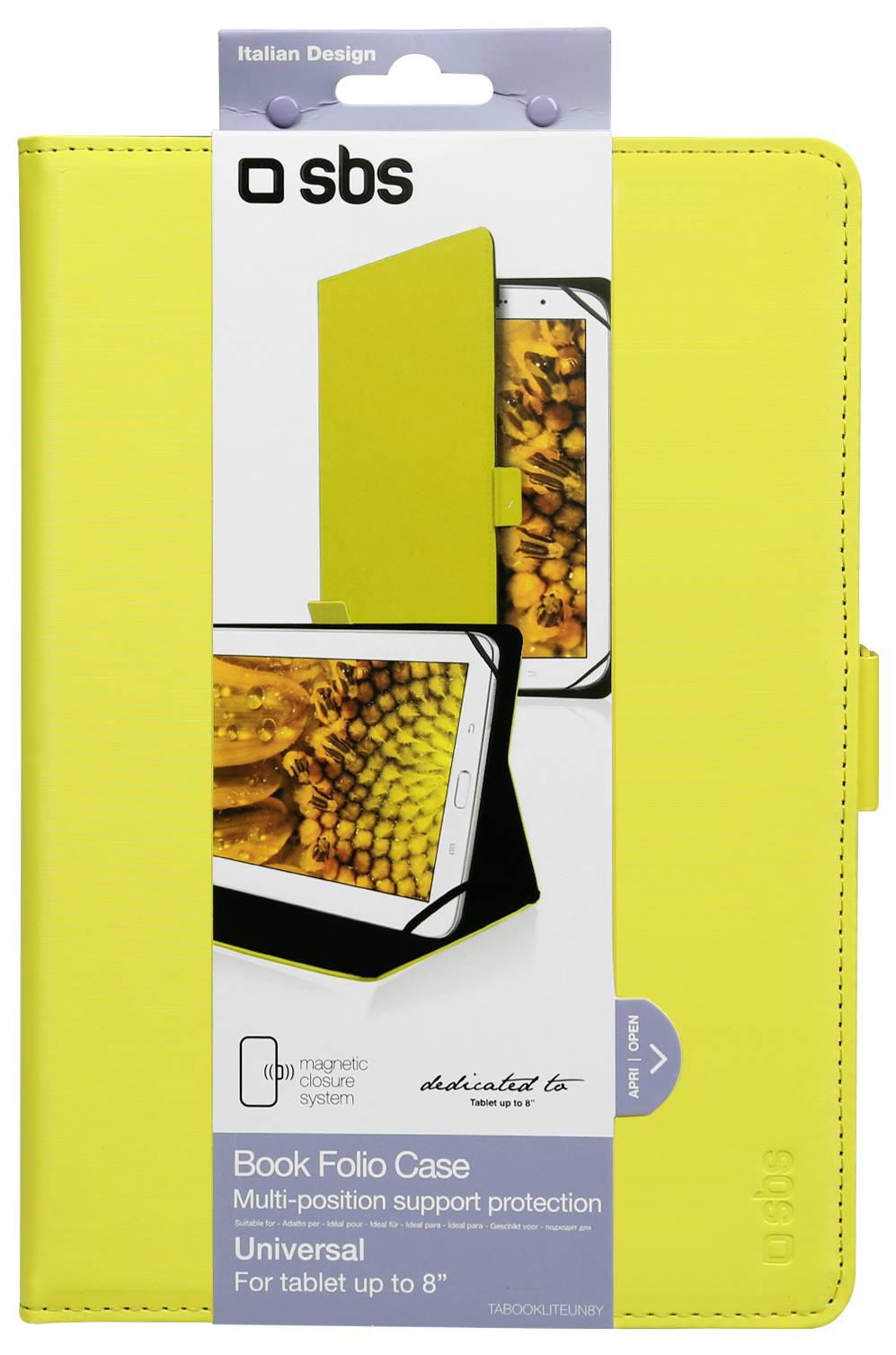 Yellow folio case packaging shows a tablet in a secure, multi-position support. Designed for tablets up to 8 inches. Italian design.