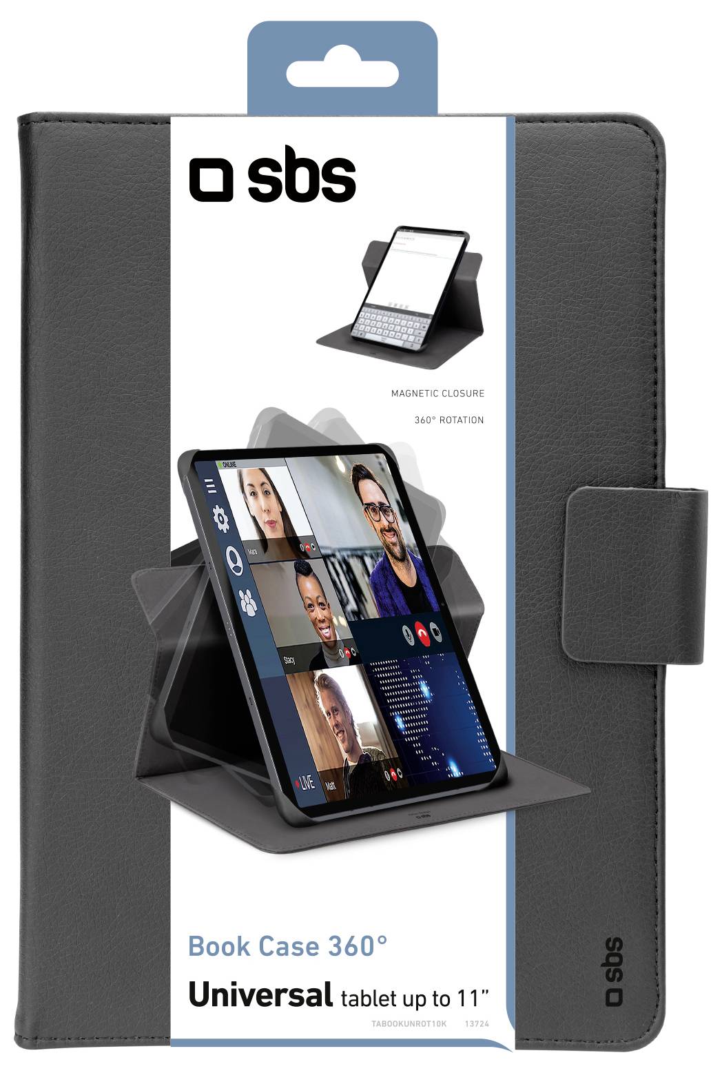 'Universal Book Case 360° for tablets up to 11 inches, featuring magnetic closure and 360° rotation, displayed with a tablet inside.'
