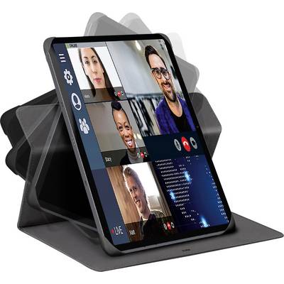 A digital tablet showing a video conference with six participants displayed in a grid. Some participants are smiling.