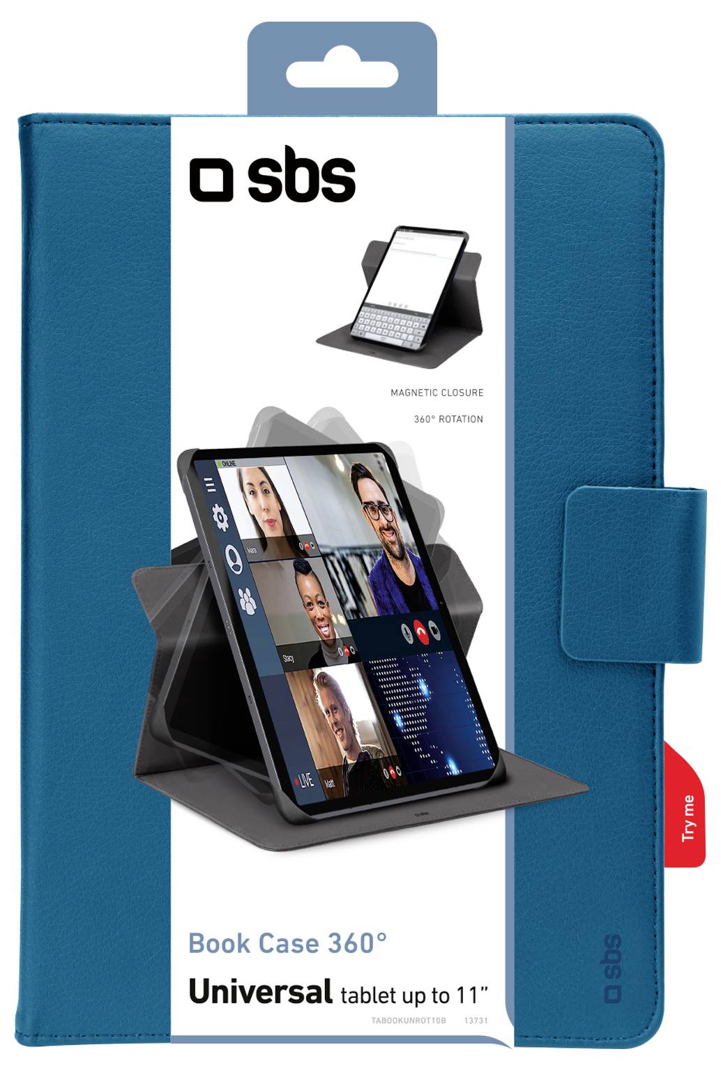 'Book Case 360°' universal tablet case for devices up to 11 inches, featuring 360° rotation and magnetic closure, shown in blue.