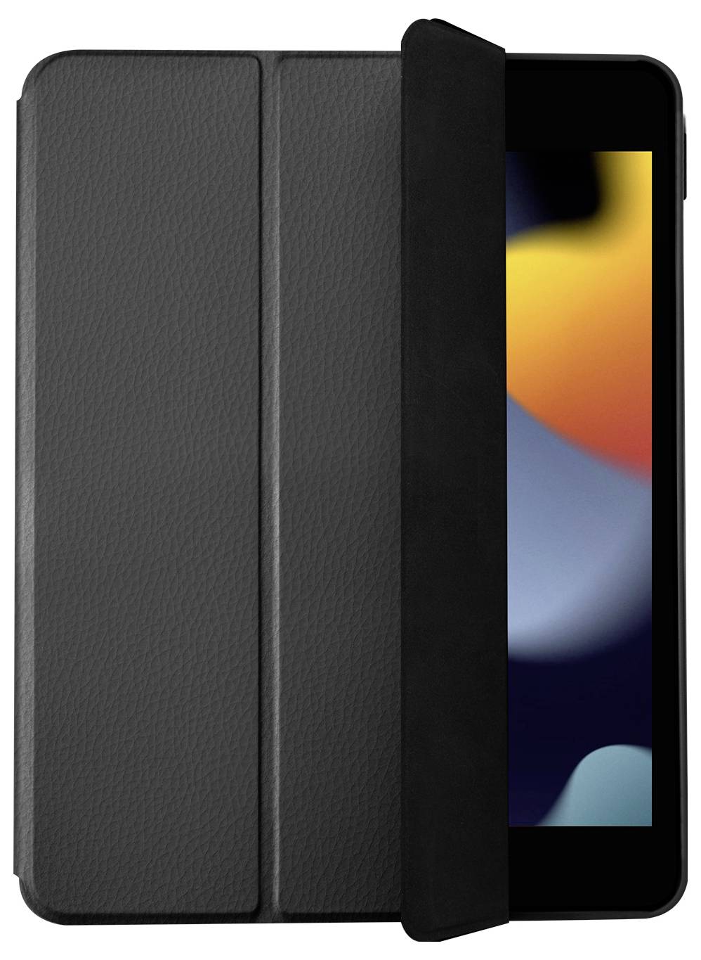 'Black tablet case partially open, revealing a corner of a tablet screen displaying colorful abstract shapes.'