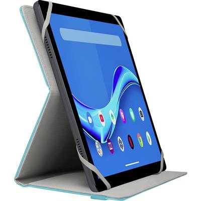 A tablet in a blue case stands upright displaying colorful app icons on a blue screen, indicating readiness for use in a workspace.