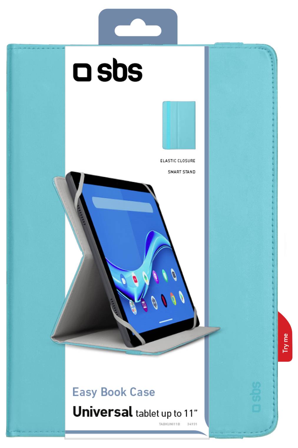 'Easy Book Case' packaging for universal tablets up to 11 inches, featuring an elastic closure and smart stand.