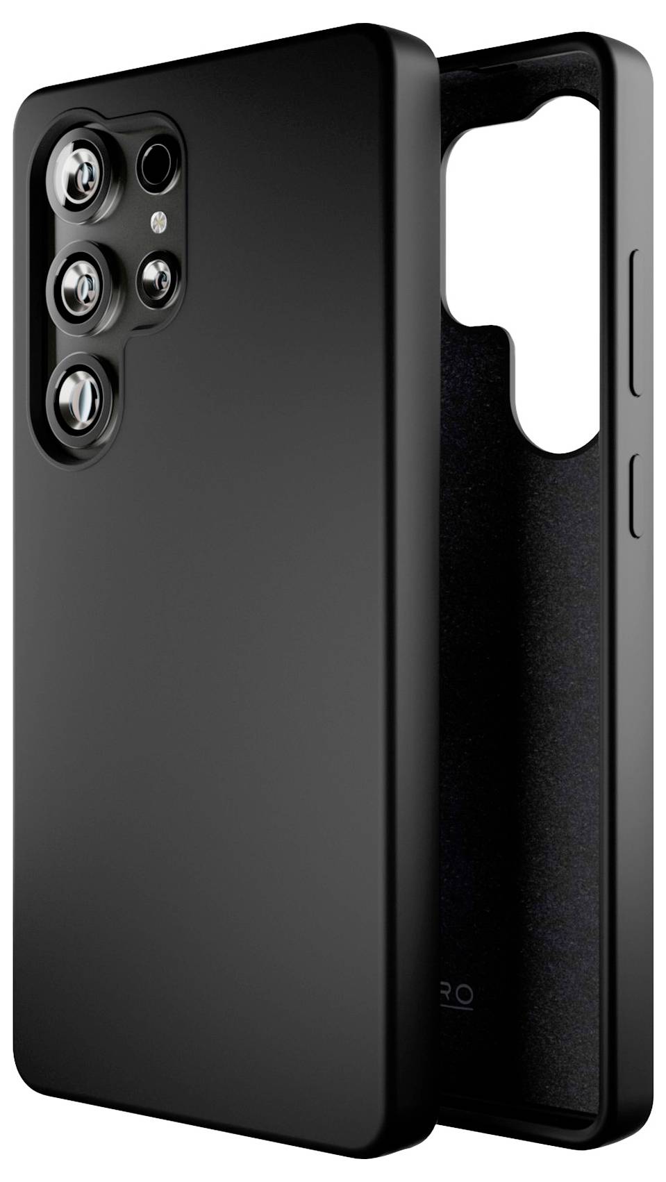 'Sleek black phone case showcasing cutouts for multiple rear cameras and side buttons, offering protection and style for a smartphone.'