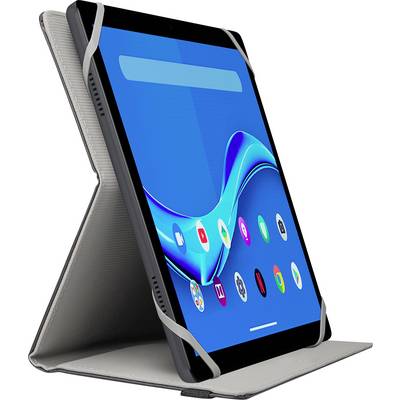A tablet in a stand displays a blue screen with multiple colorful app icons, suggesting usage for entertainment or work purposes.
