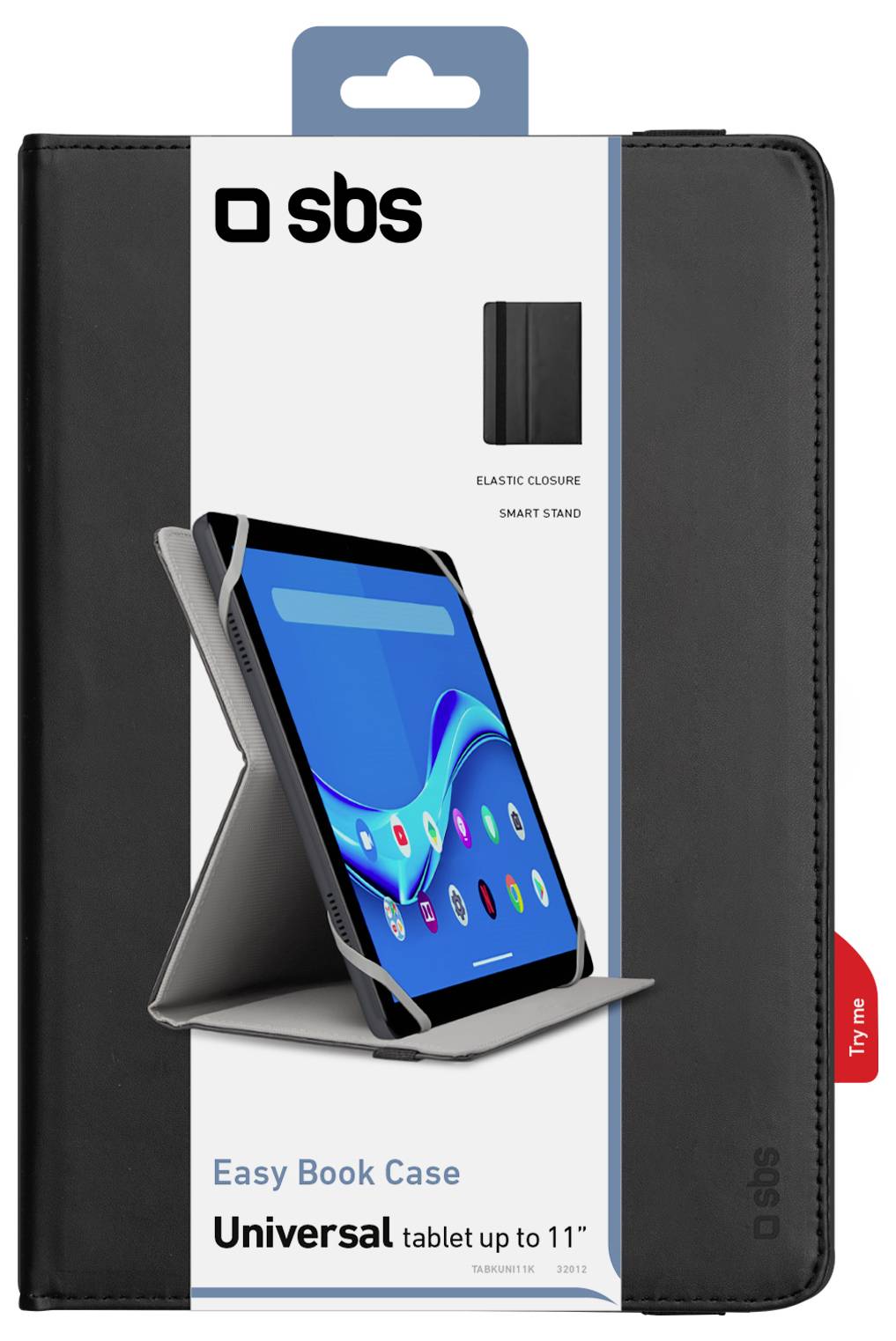 'Universal tablet case' packaging displays a book-style case with smart stand, fits tablets up to 11 inches, features elastic closure.