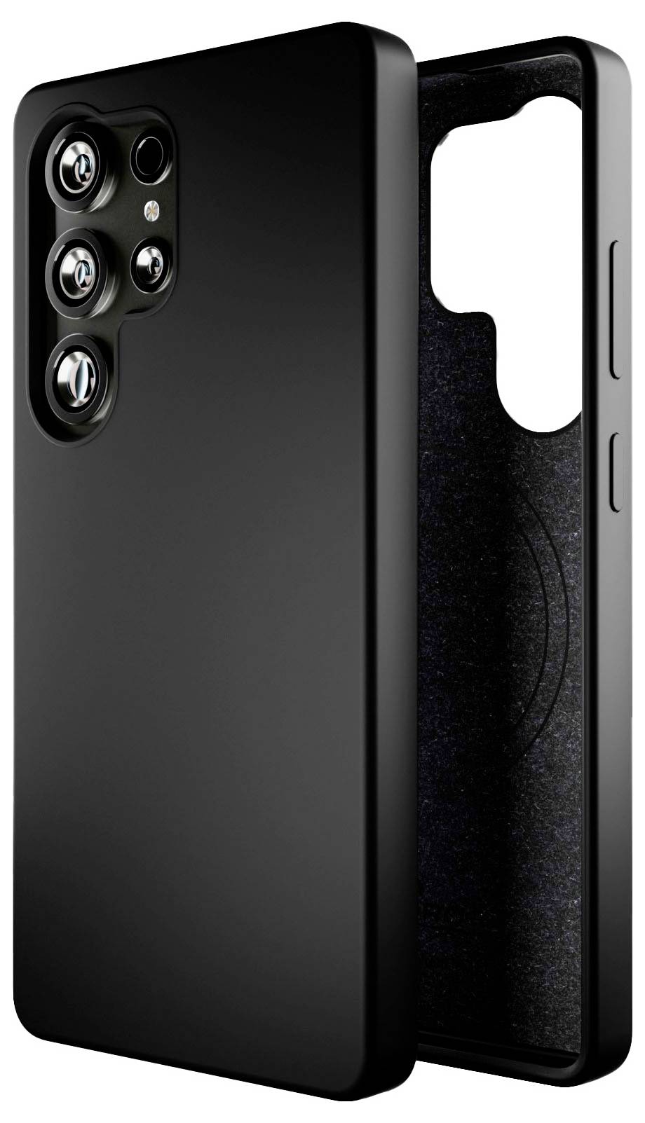 'Black phone case with cutouts for camera and buttons, showcasing its sleek design and protective interior.'