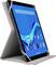 A tablet in a stand displaying a grid of colorful app icons on a blue background.