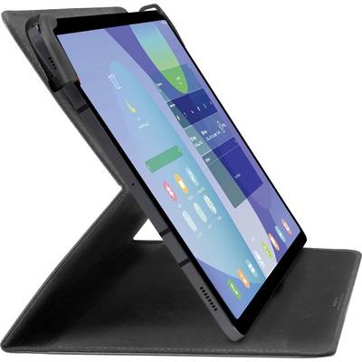 A tablet stands in a black folding case, angled sideways. Its screen displays colorful apps and a clock showing '12:12.'