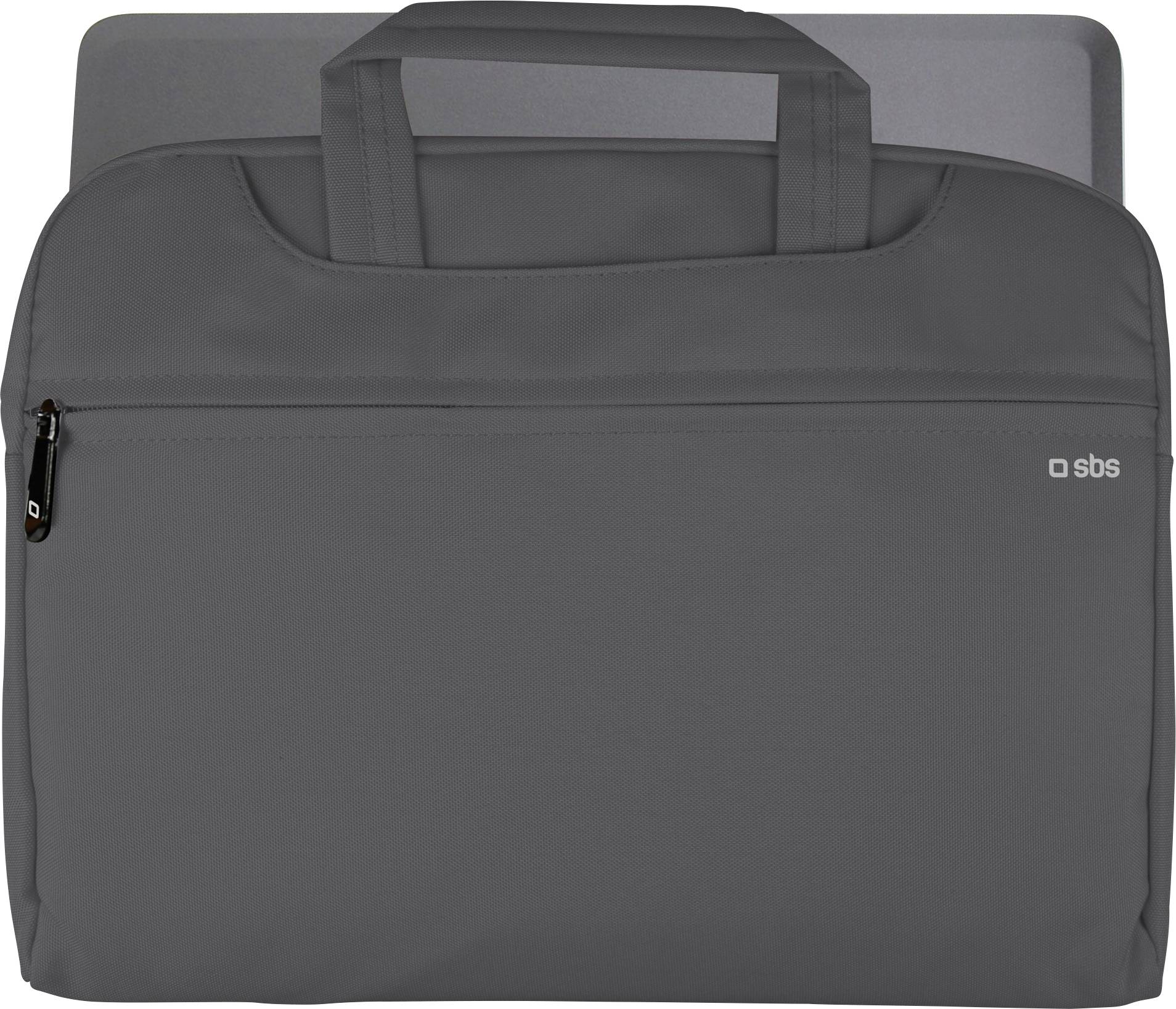 A grey laptop sleeve with a front zipper pocket and carrying handles, partially open to reveal a laptop inside.