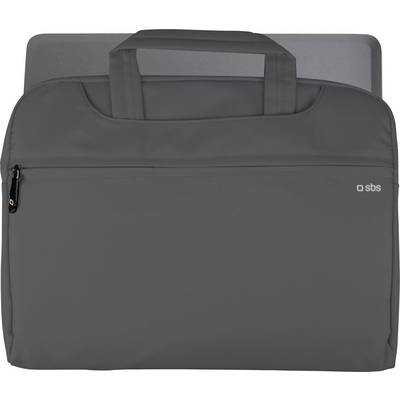 A grey laptop sleeve with a front zipper pocket and carrying handles, partially open to reveal a laptop inside.