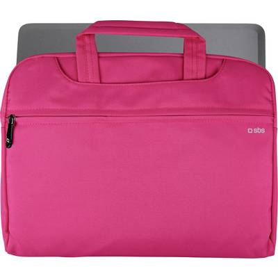 A vibrant pink laptop bag with handles and a front zipper pocket, partially revealing a grey laptop emerging from the top.