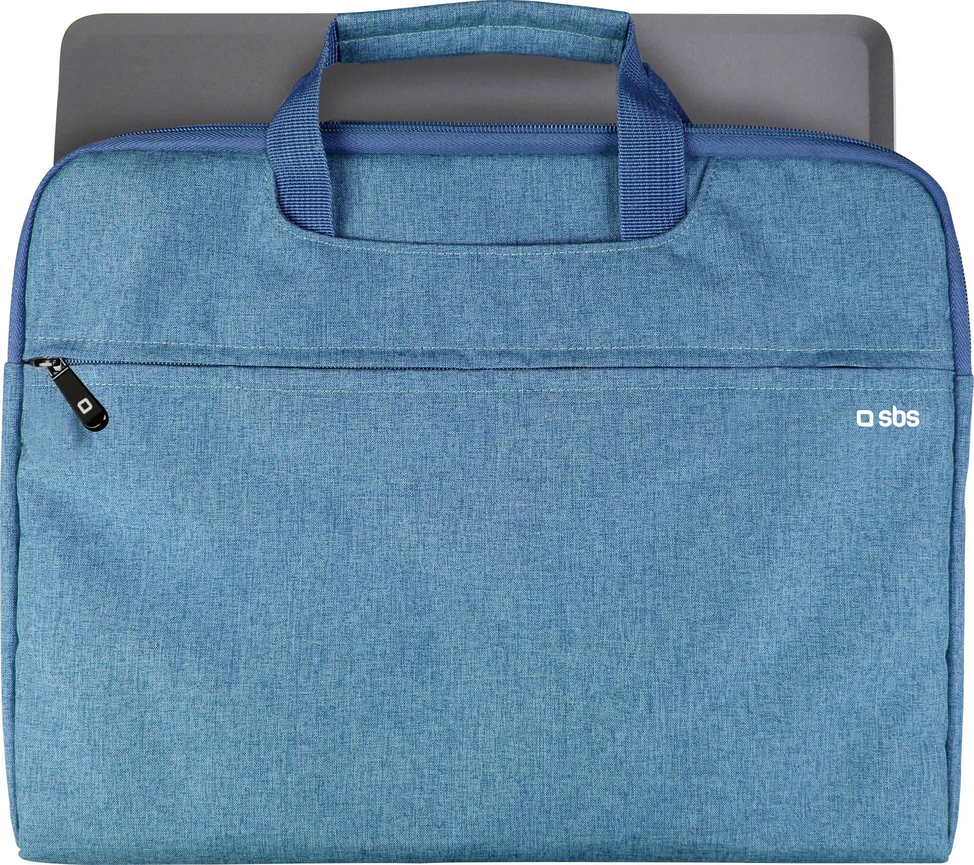 'A blue laptop bag with a zipper pocket on the front, handle on top, and a laptop partially inserted, showing an SBS logo in the corner.'