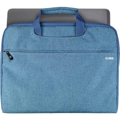 'A blue laptop bag with a zipper pocket on the front, handle on top, and a laptop partially inserted, showing an SBS logo in the corner.'