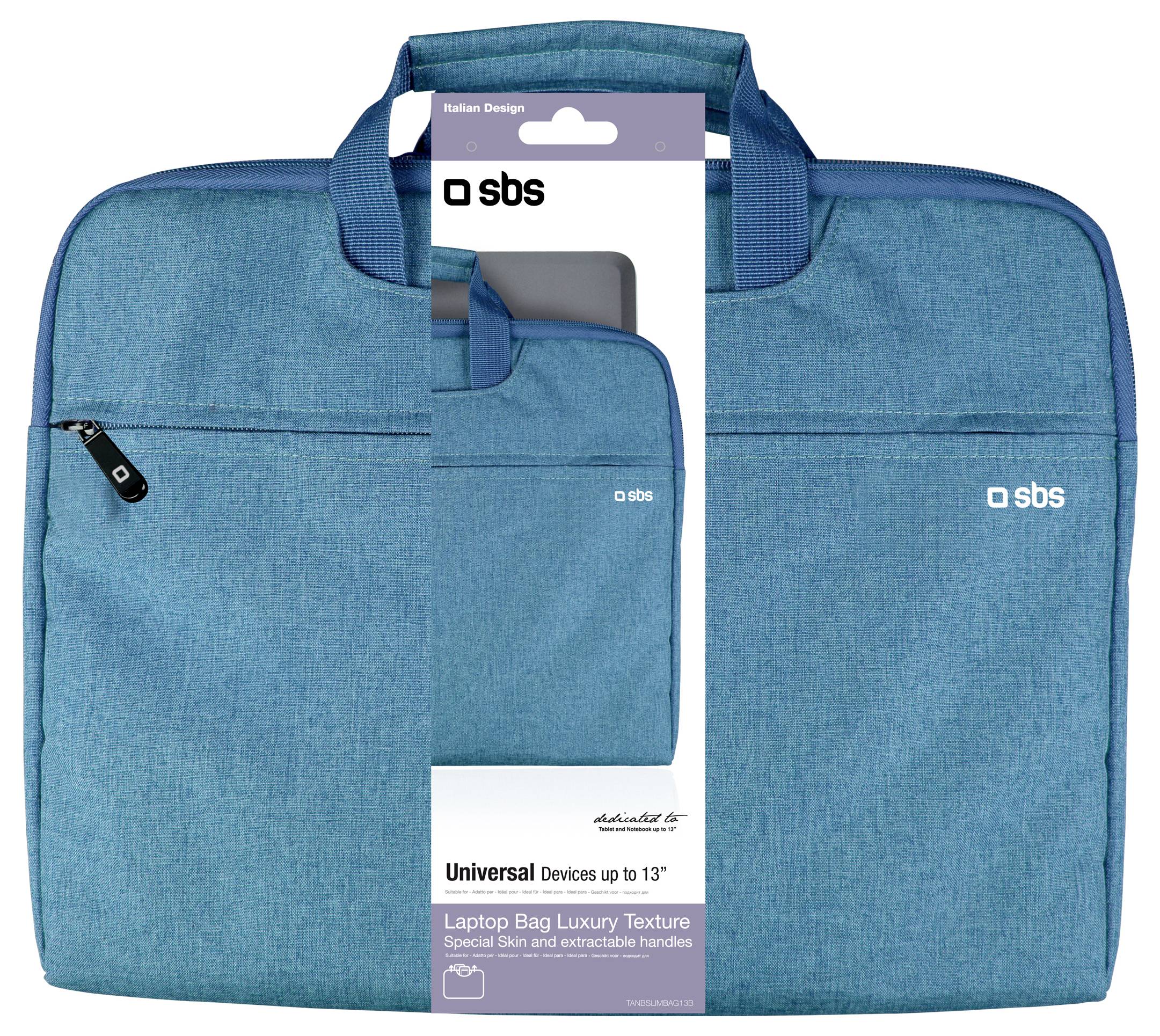 Blue laptop bag with handles, designed for devices up to 13 inches. The packaging highlights 'Luxury Texture' and 'Italian Design'.