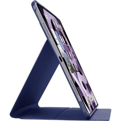 A side view of a tablet with a purple screen, propped up by a blue stand, displaying app icons.