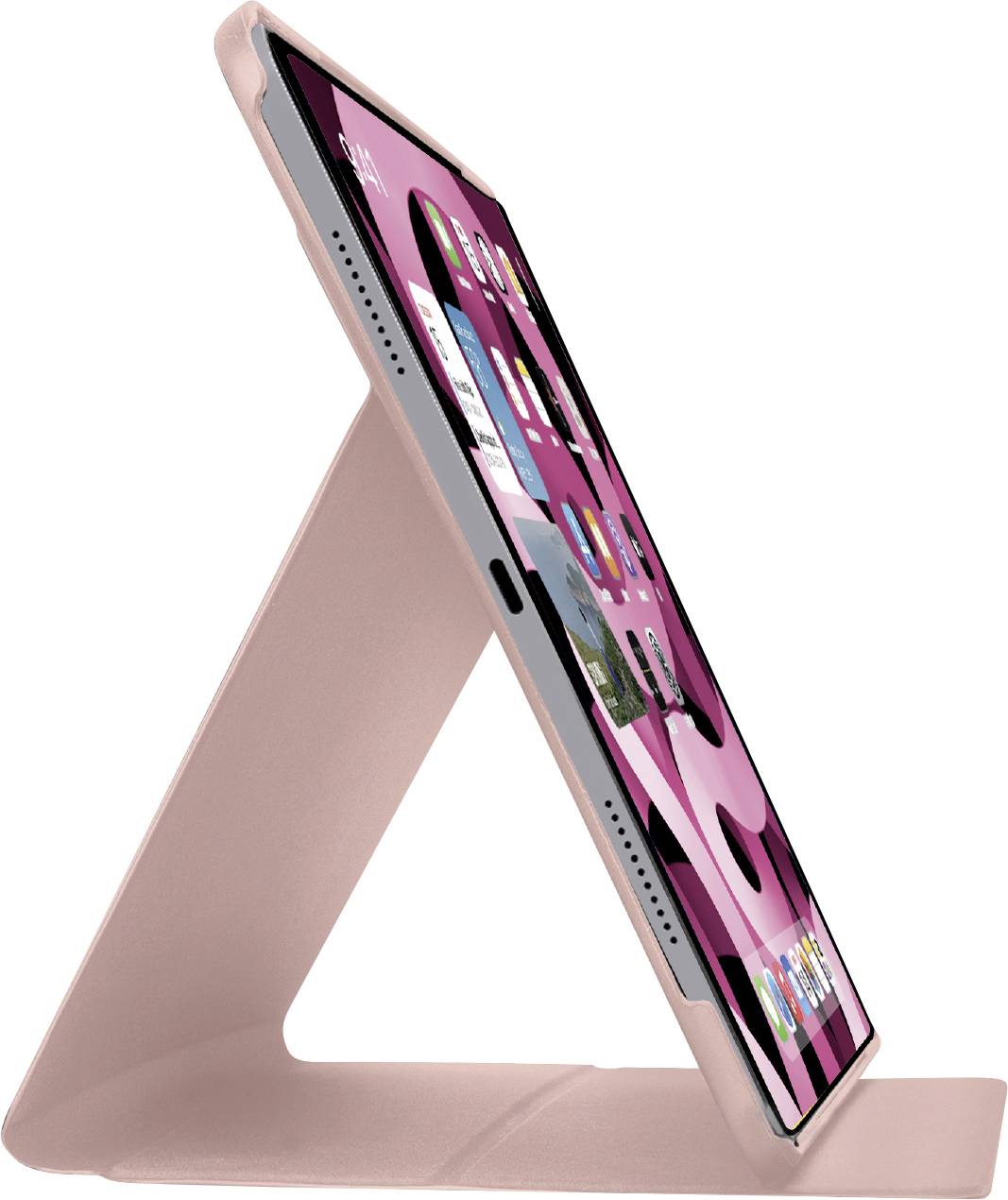 A tablet with a pink case is propped up on a triangular stand, displaying app icons on the screen.