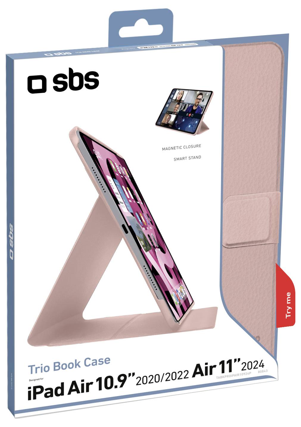 Packaging for SBS Trio Book Case, displaying a pink iPad stand. Compatible with iPad Air 10.9" (2020/2022) and Air 11" (2024).