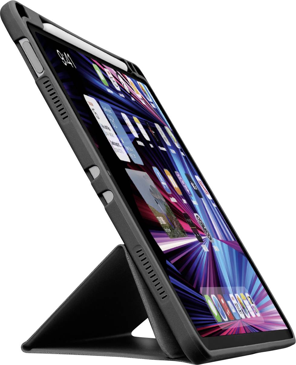 'Tablet with colorful screen in a black protective case standing in a triangular position, showing app icons and wallpaper in vibrant hues.'