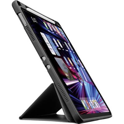 'Tablet with colorful screen in a black protective case standing in a triangular position, showing app icons and wallpaper in vibrant hues.'