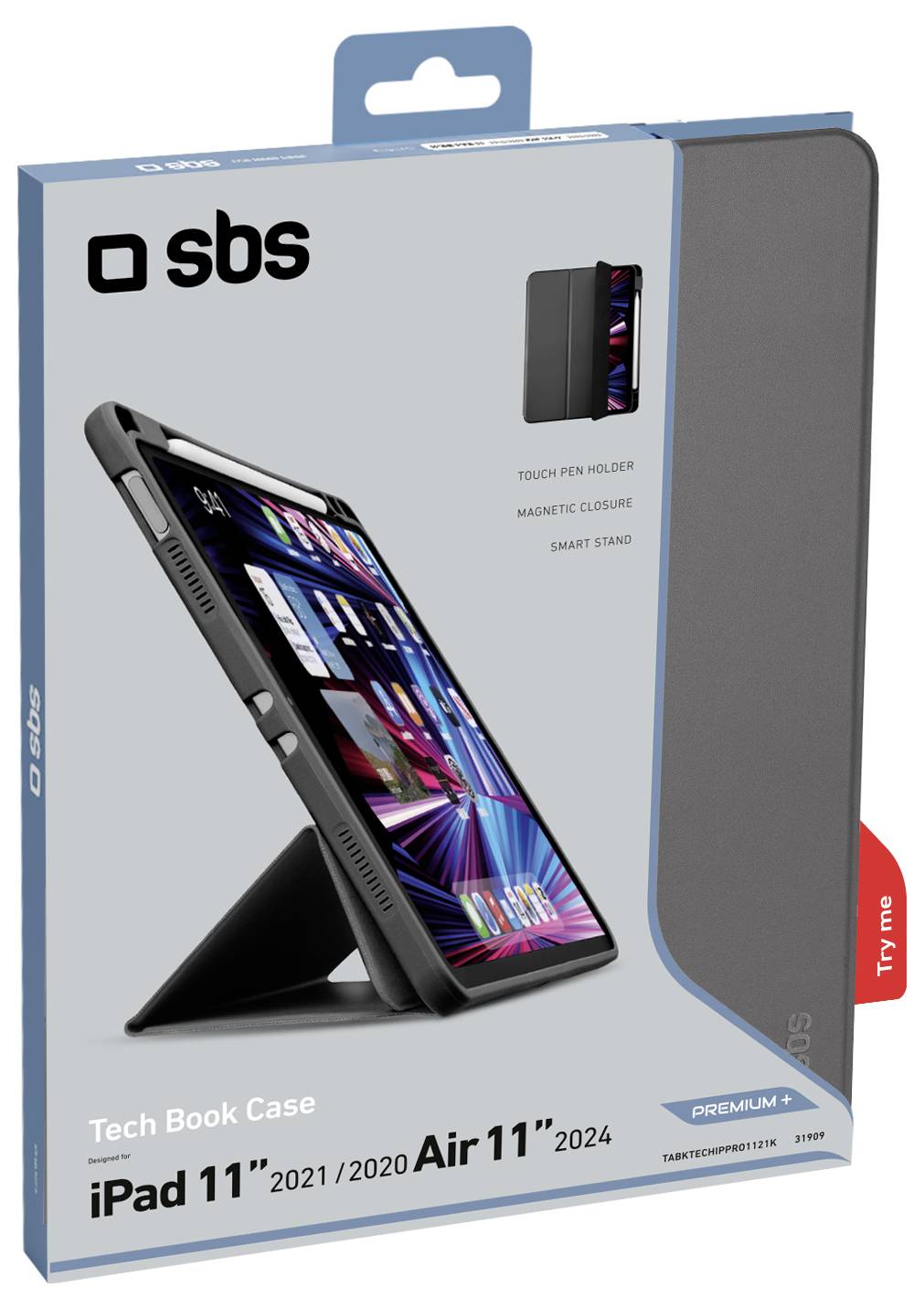 SBS Tech Book Case for iPad 11', compatible with 2021, 2020, and Air 11' 2024 models. Features touch pen holder and magnetic closure.