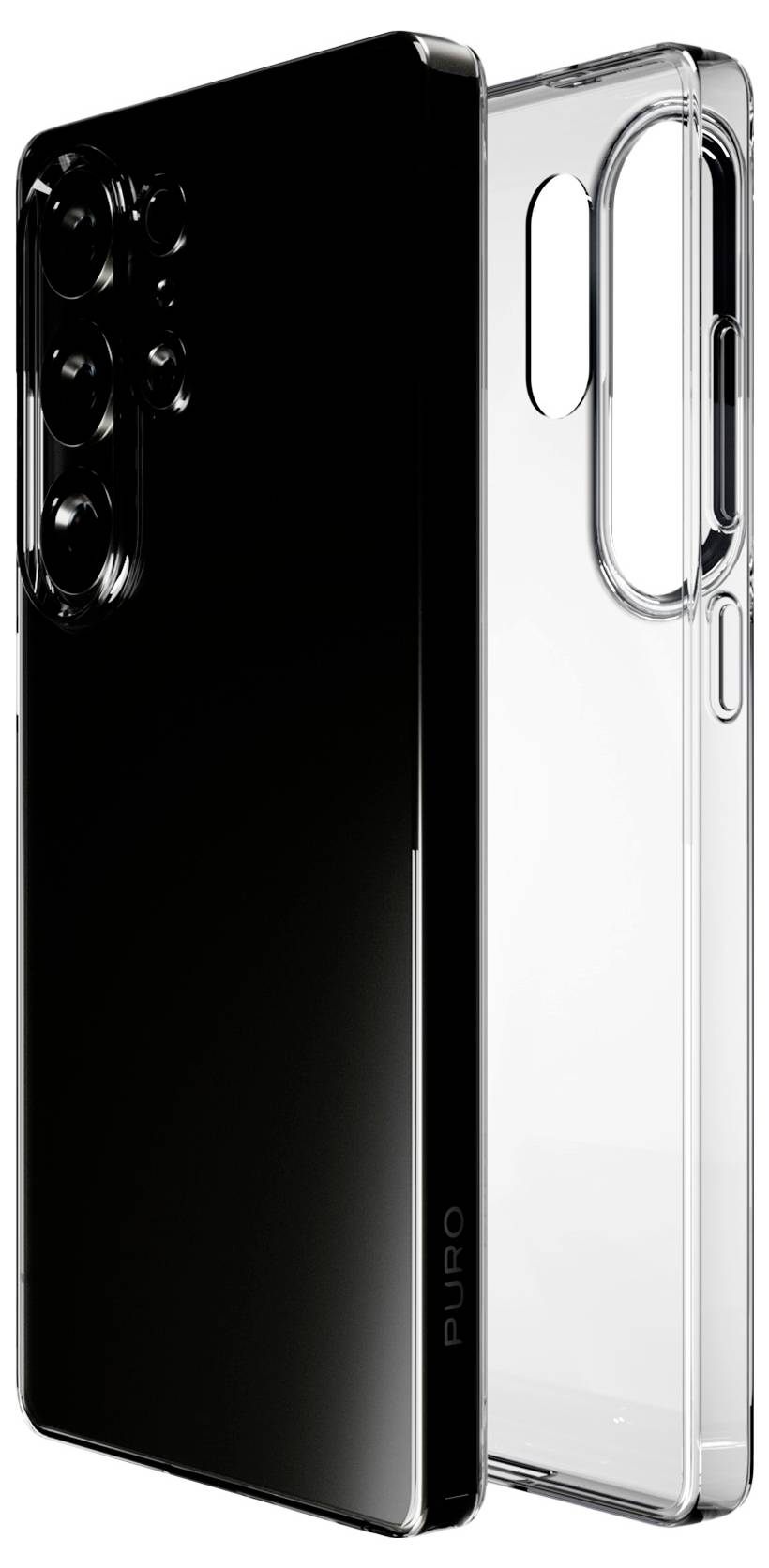 Two smartphone cases: one black with glossy finish, the other transparent, both designed for models with multiple rear cameras.