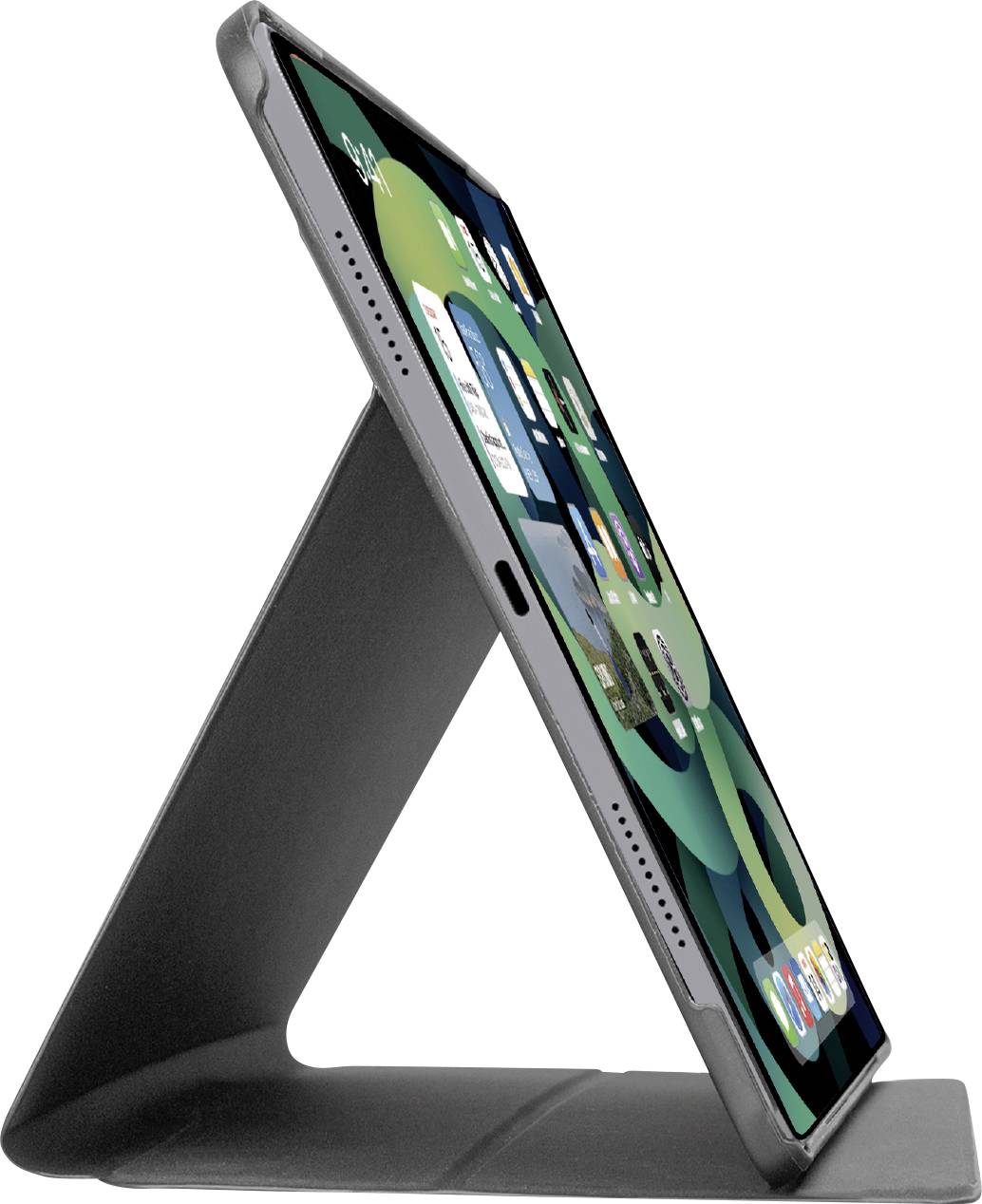 A tablet in a gray case is propped up in a stand, showing app icons on the screen. The device is viewed from a side angle.