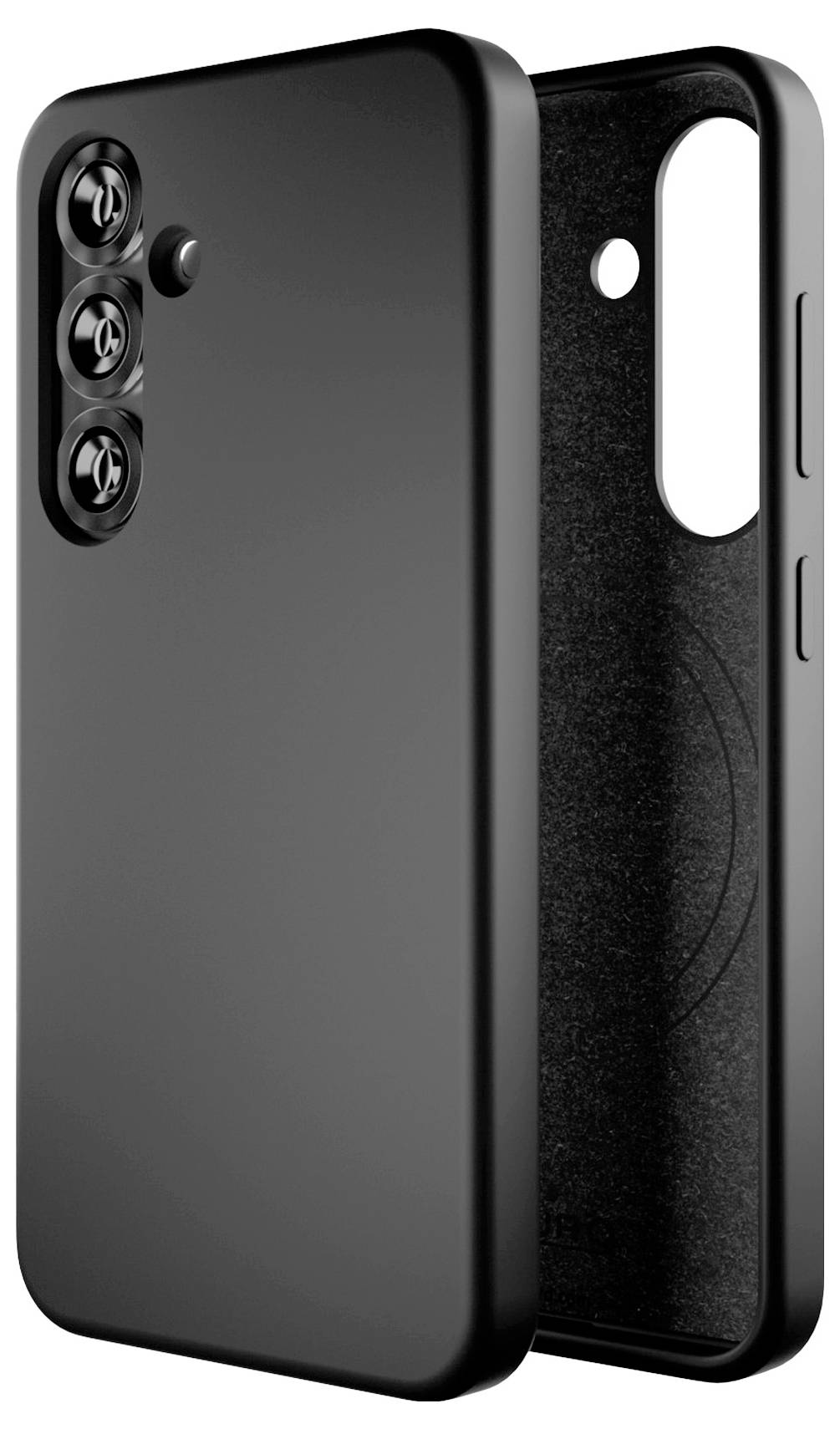 Black smartphone case with three camera cutouts and internal felt lining, shown in two angles, displaying both front and interior views.