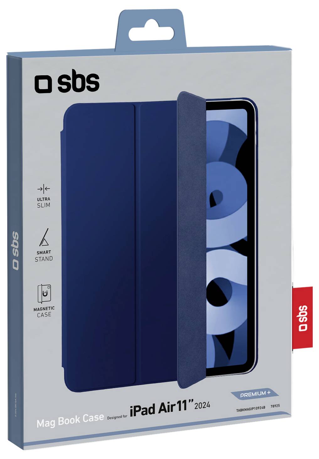 'Mag Book Case for iPad Air 11'' 2024' package. Features: ultra-slim, smart stand, magnetic case. Blue color with device image.