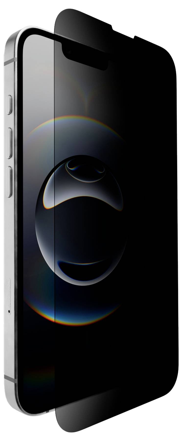 'Smartphone with privacy screen protector showing a darkened display for privacy. Side view highlights sleek design and protective layer.'