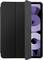 A black tablet cover partially open, revealing the screen displaying abstract purple circles.