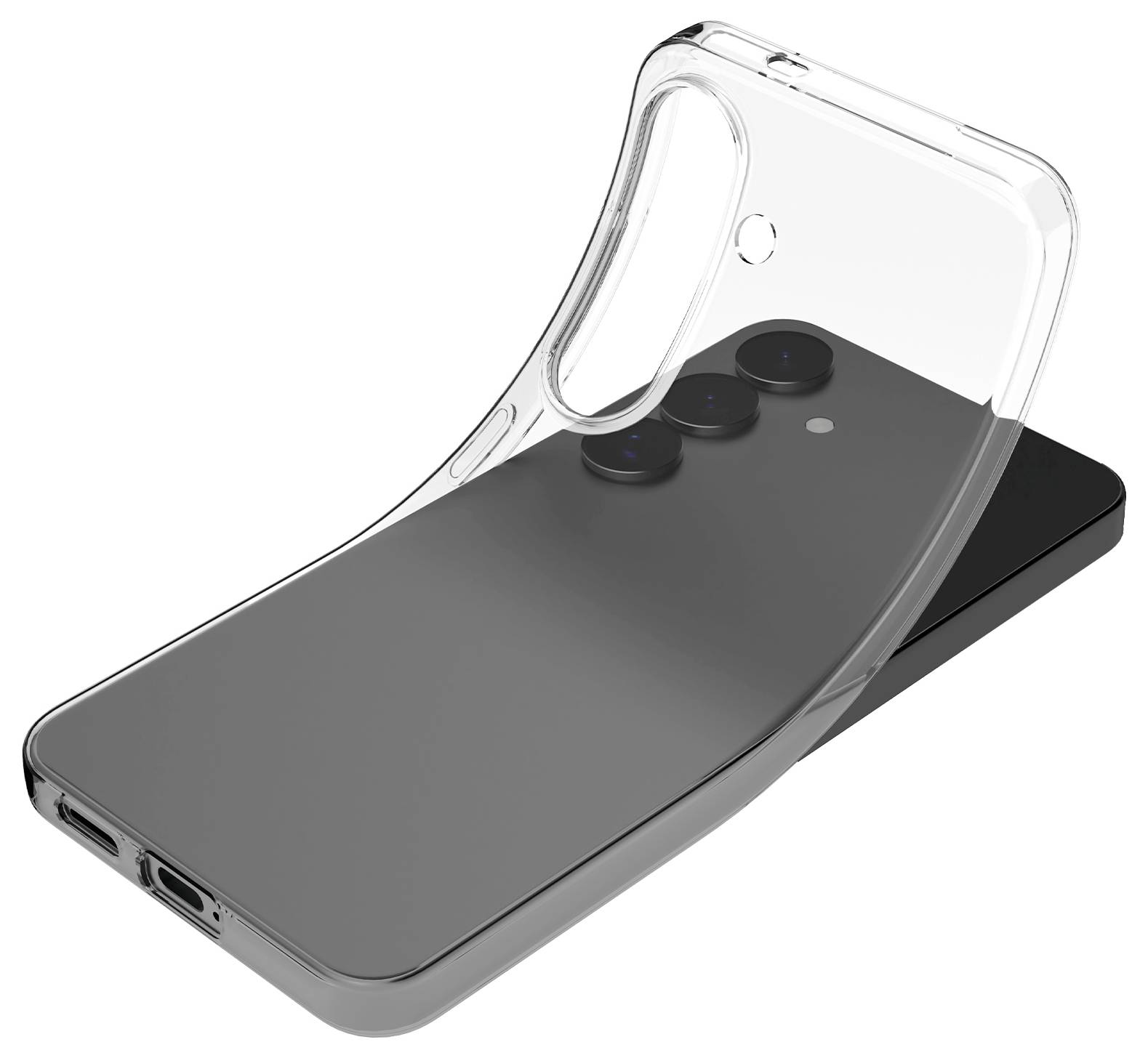 A transparent phone case is being placed over a smartphone, showing camera and port openings, emphasizing compatibility and protection.