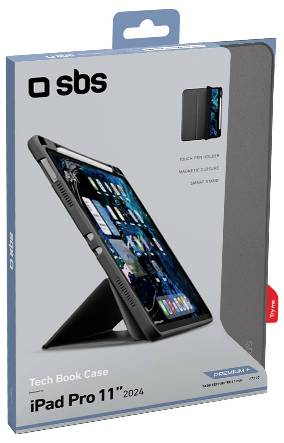 Tablet case packaging for iPad Pro 11" 2024 by SBS, featuring a tech book case with a touch pen holder, magnetic closure, and smart stand.