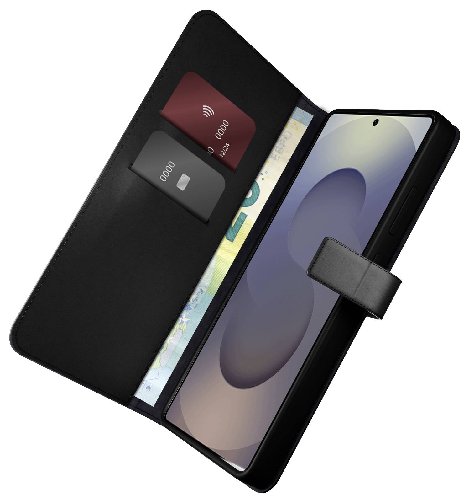 A black phone case open to reveal a smartphone, two credit cards, and a translucent map inside, with a magnetic flap closure.