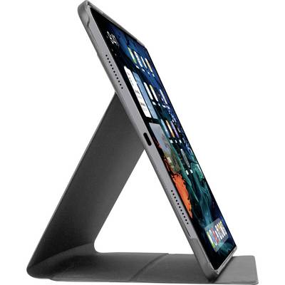 A tablet in a triangular stand displaying app icons on the screen, showcasing its side profile and slim design.