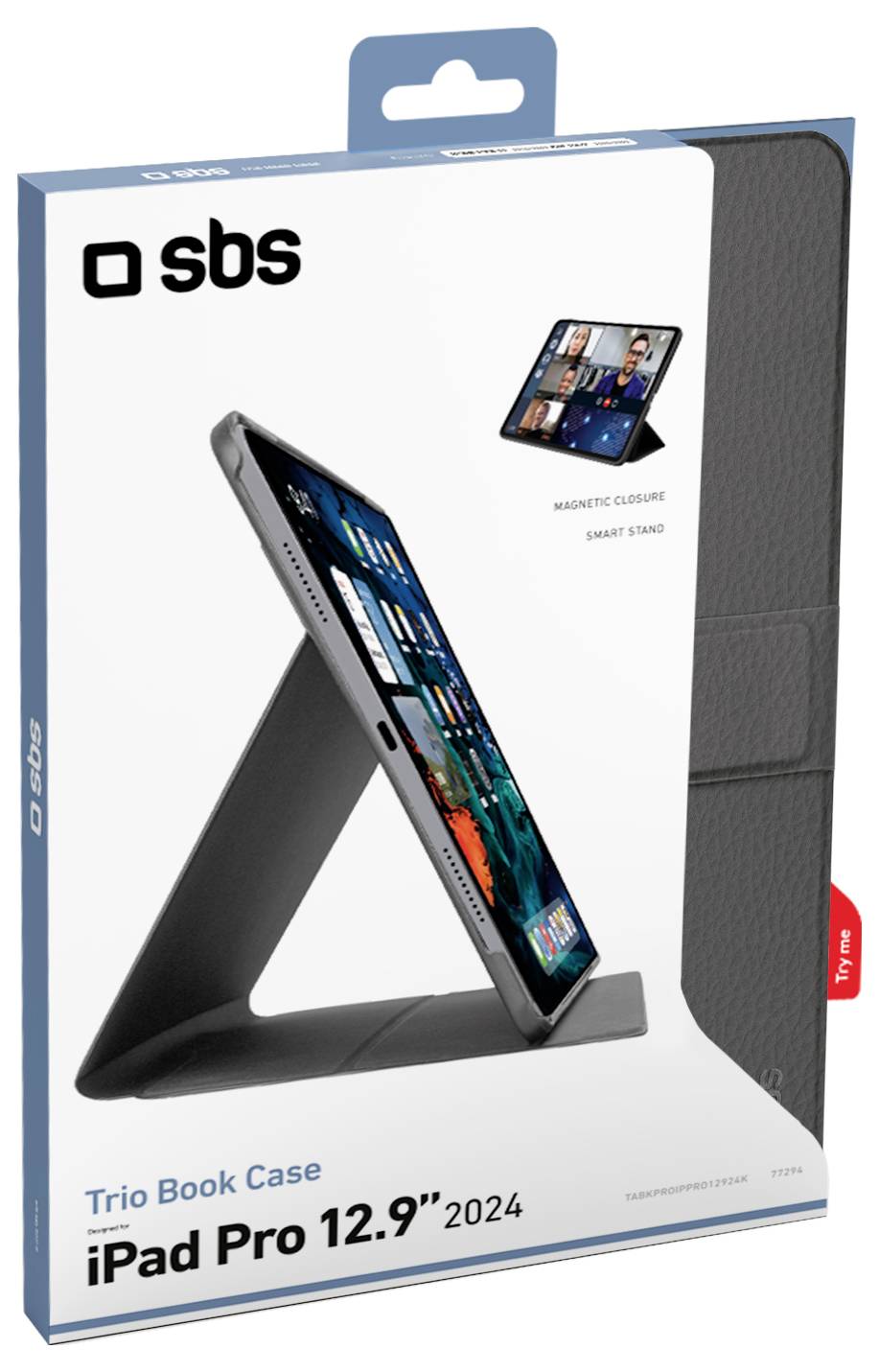 'Trio Book Case for iPad Pro 12.9" 2024' packaging featuring an image of the case as a stand, highlighting magnetic closure and smart stand features.