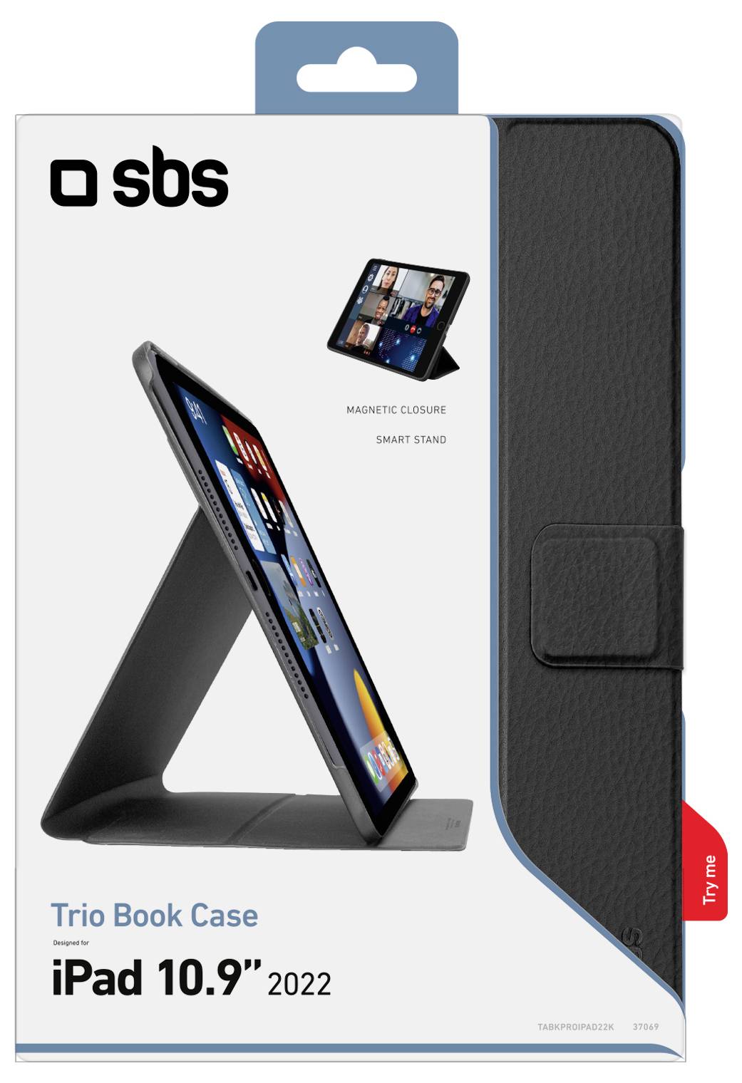 Trio Book Case for iPad 10.9'' 2022 shown in packaging. Features include magnetic closure and smart stand. Product displayed in standing position.