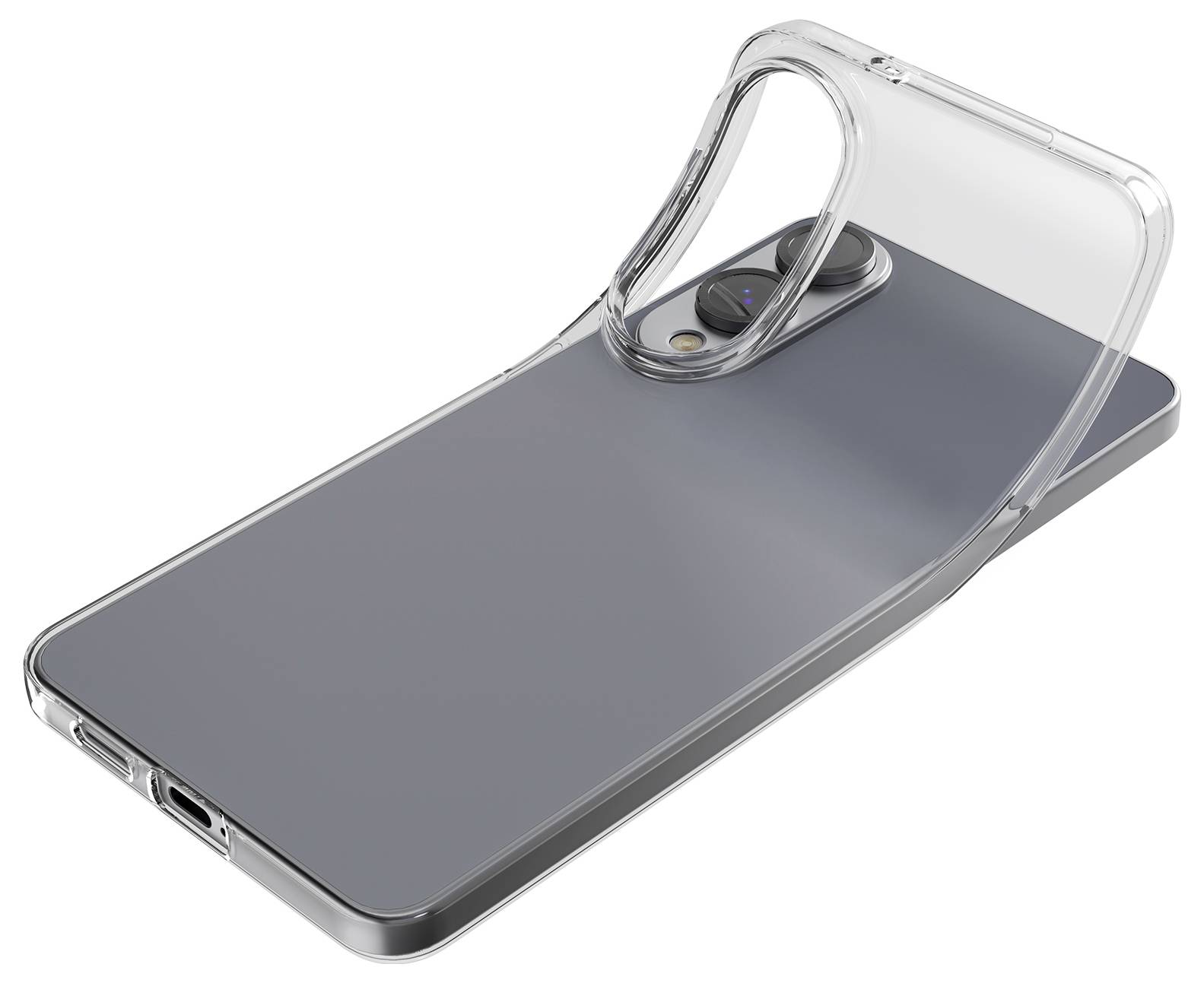 A smartphone with a transparent, flexible case partially covering it, showcasing the camera and ports.