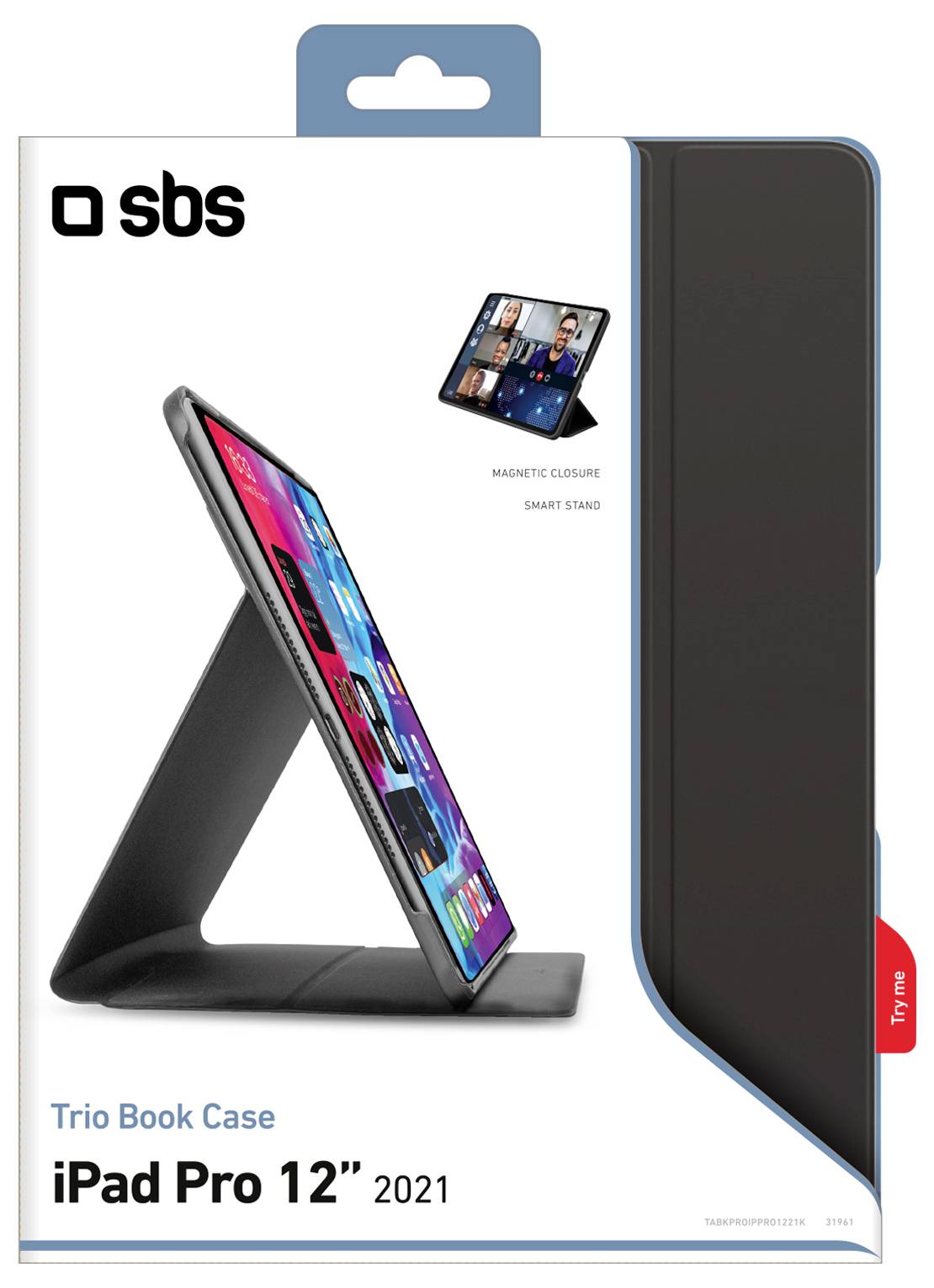 Trio Book Case for iPad Pro 12'' 2021 packaging, showing the case as a magnetic closure and smart stand. Image of case in use.