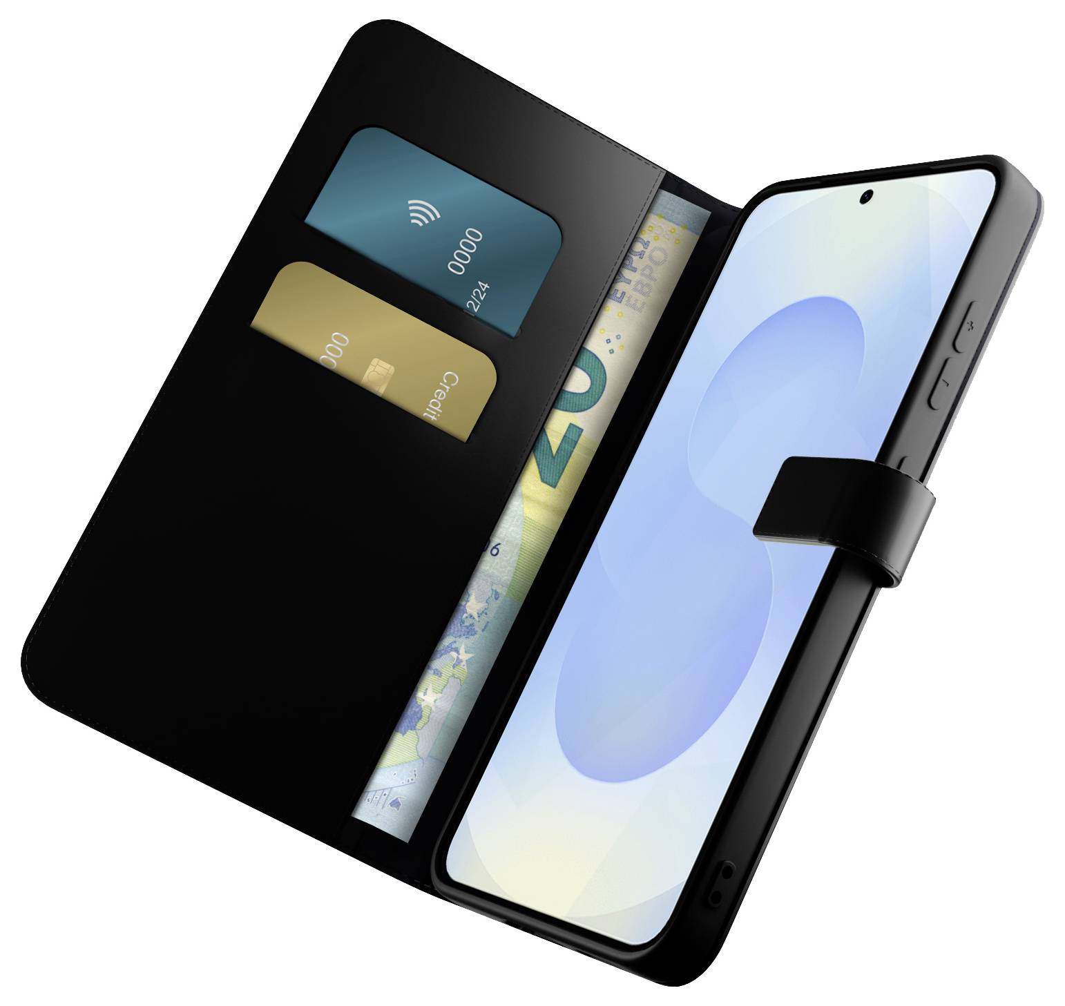 A smartphone in a black wallet case with two visible cards and a small stack of currency shows a modern, versatile utility design.