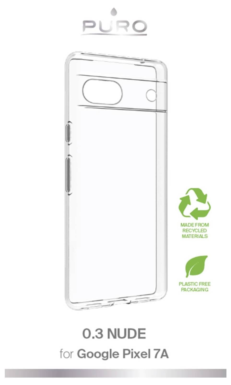 'PURO clear phone case for Google Pixel 7A, 0.3 Nude series. Made from recycled materials, plastic-free packaging indicated.'