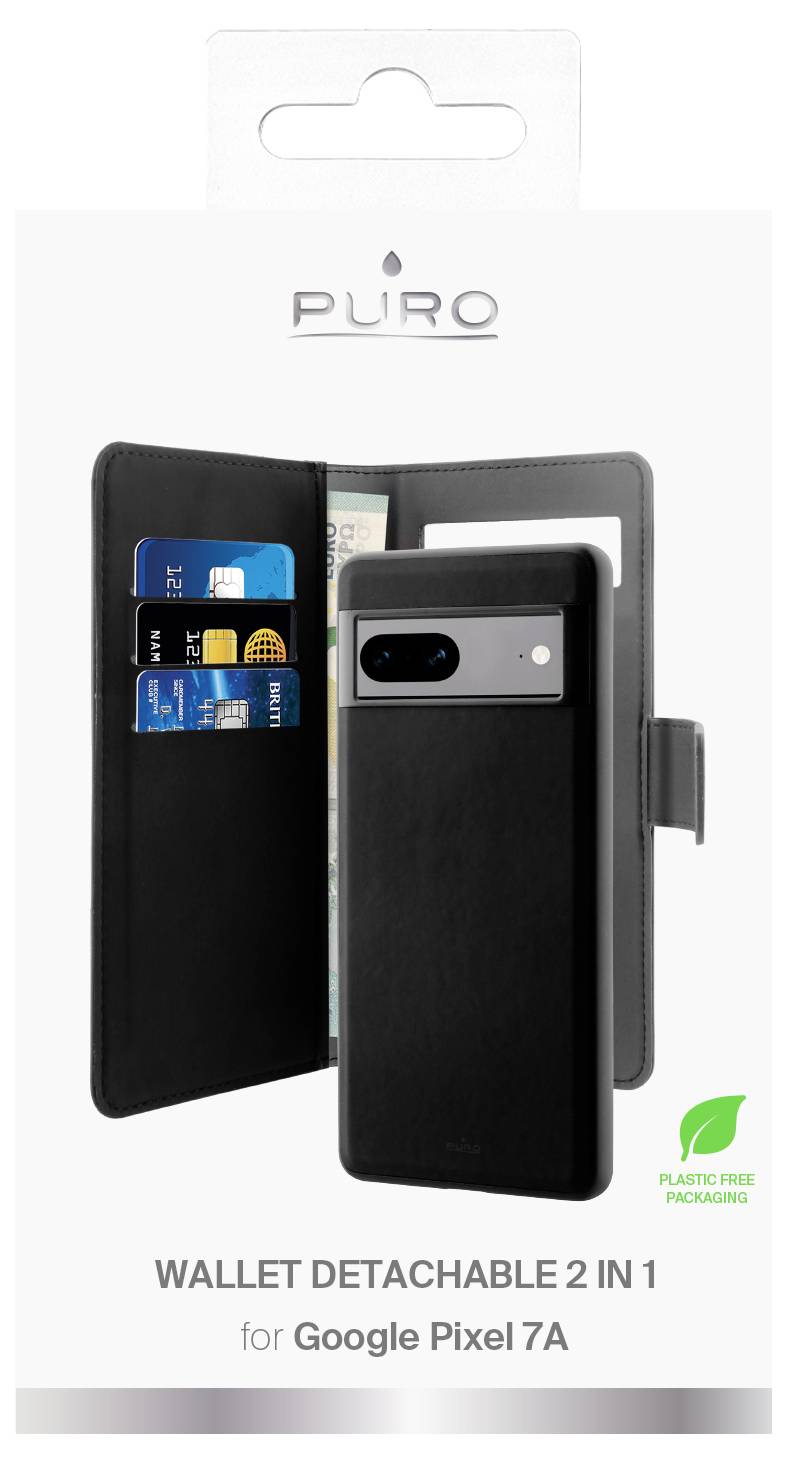 'Puro wallet detachable 2 in 1 case for Google Pixel 7A with card slots and cash compartment, featuring plastic-free packaging.'