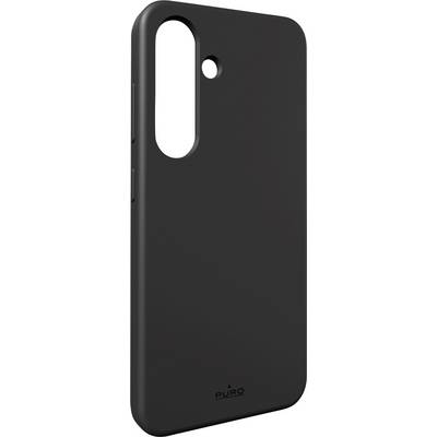 A black Puro phone case with a camera cutout, designed for sleek protection of smartphones, viewed from a three-quarter angle.